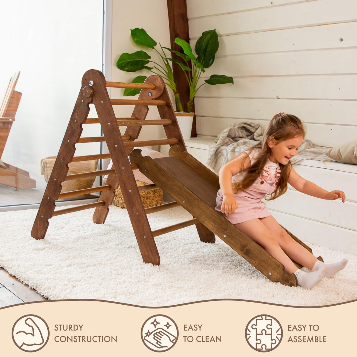 2in1 Montessori Climbing Frame Set: Triangle Ladder + Slide Board/Ramp – Chocolate-6