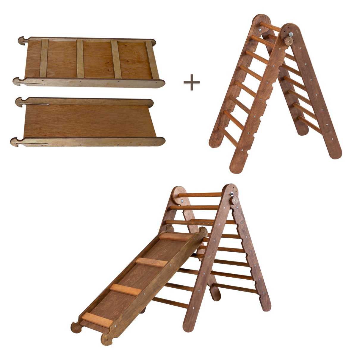 2in1 Montessori Climbing Frame Set: Triangle Ladder + Slide Board/Ramp – Chocolate-1