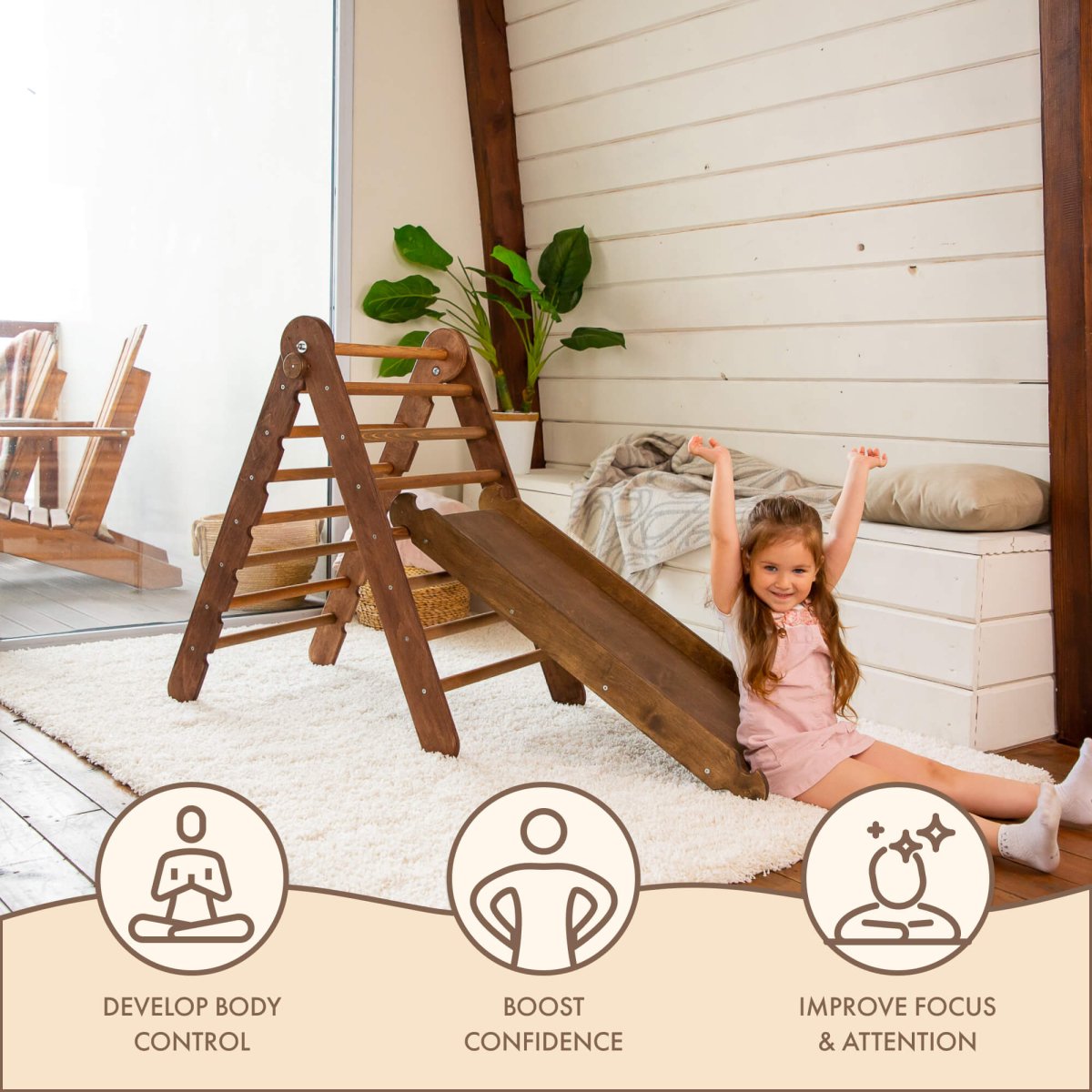 2in1 Montessori Climbing Frame Set: Triangle Ladder + Slide Board/Ramp – Chocolate-8