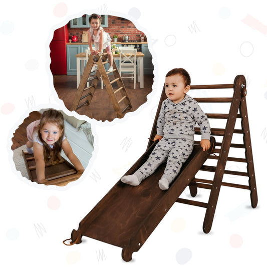 2in1 Montessori Climbing Frame Set: Triangle Ladder + Slide Board/Ramp – Chocolate-0