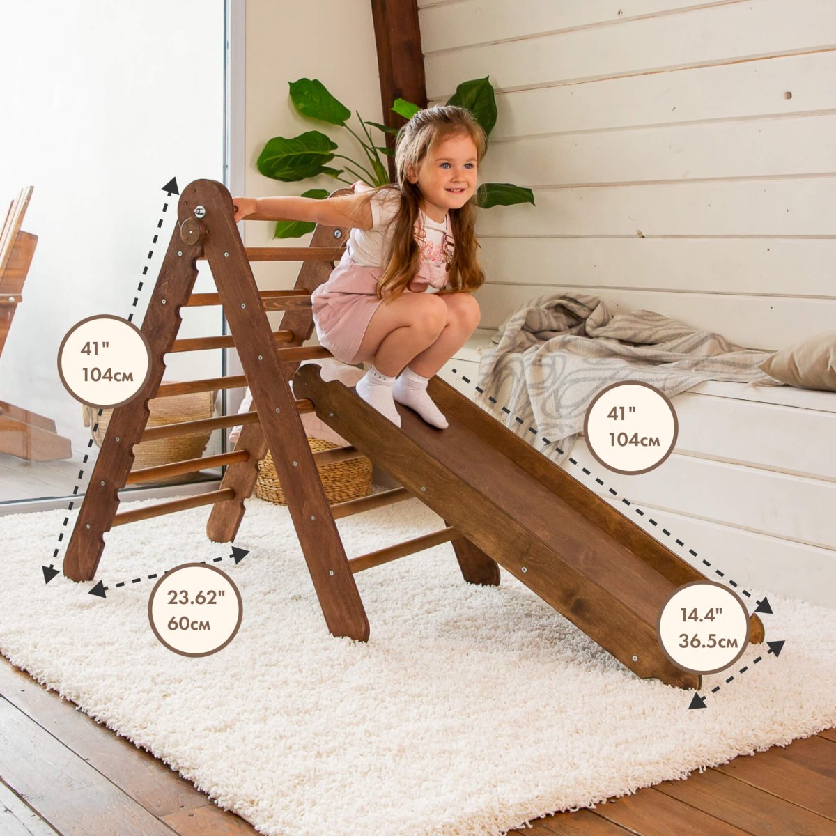 2in1 Montessori Climbing Frame Set: Triangle Ladder + Slide Board/Ramp – Chocolate-2