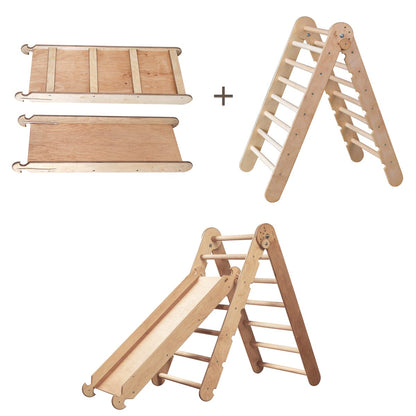 2in1 Montessori Climbing Set: Triangle Ladder + Slide Board/Ramp – Beige-1