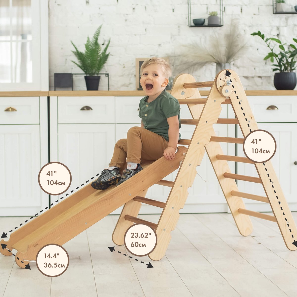 2in1 Montessori Climbing Set: Triangle Ladder + Slide Board/Ramp – Beige-2