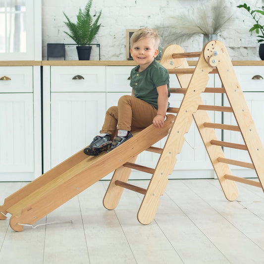 2in1 Montessori Climbing Set: Triangle Ladder + Slide Board/Ramp – Beige-0