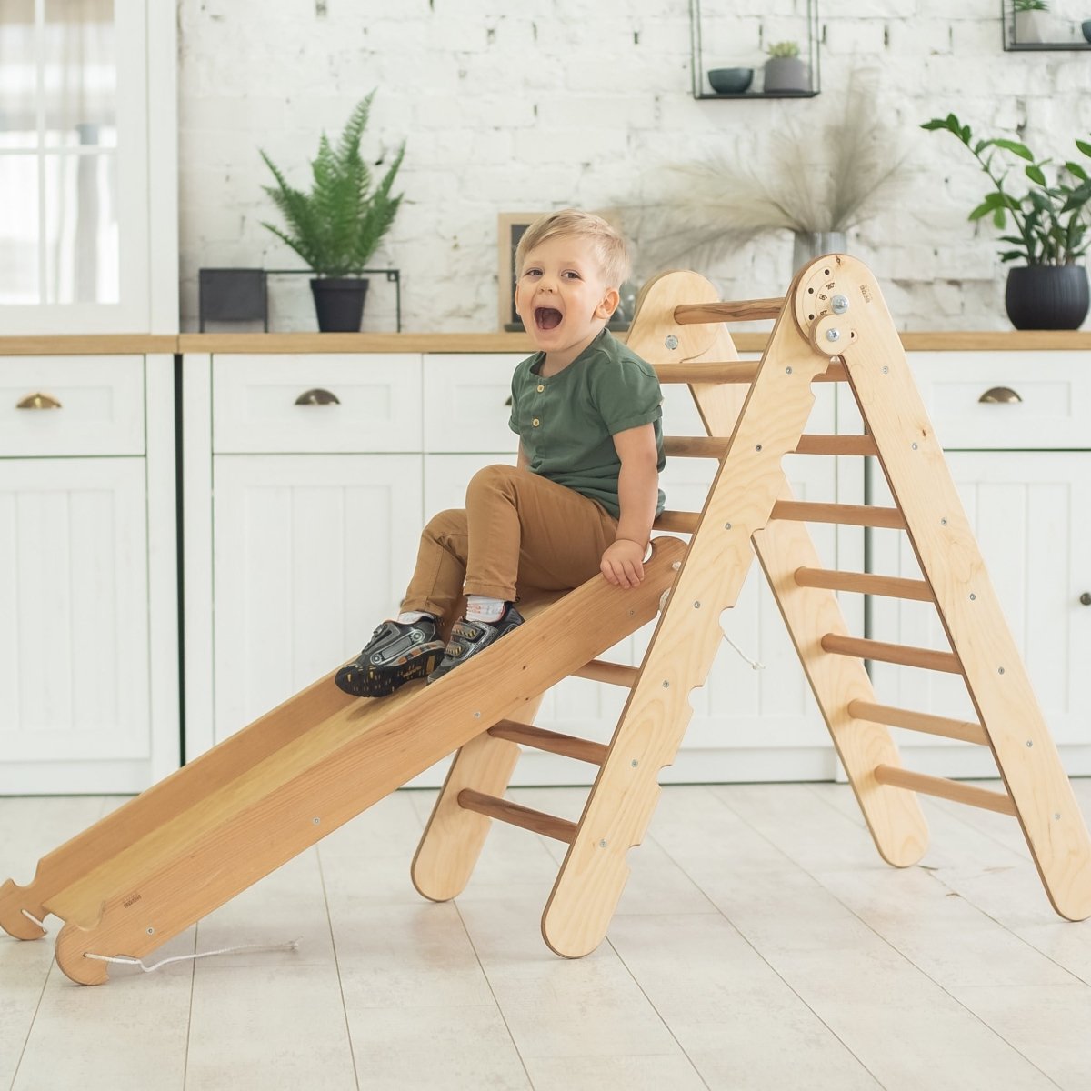 2in1 Montessori Climbing Set: Triangle Ladder + Slide Board/Ramp – Beige-8