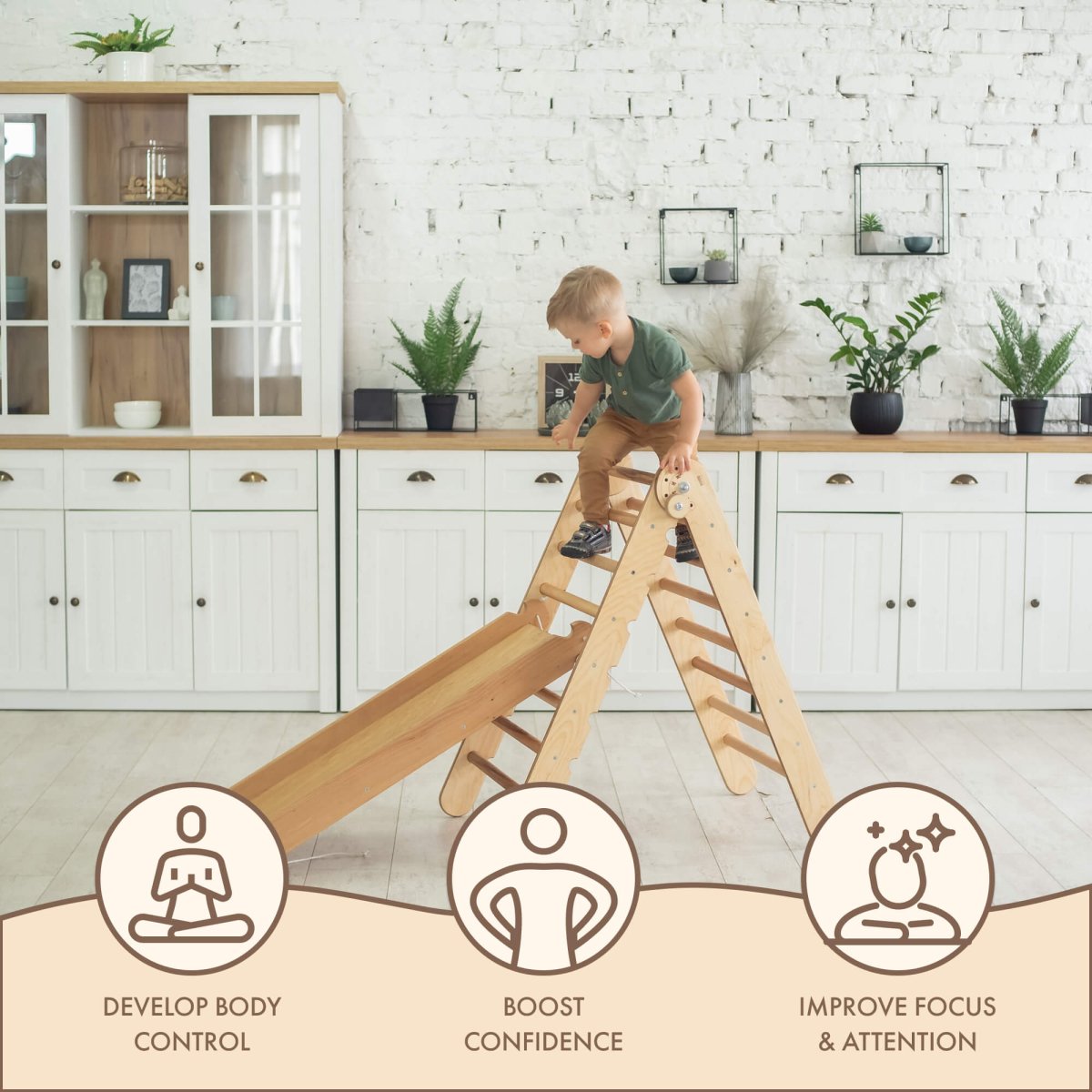 2in1 Montessori Climbing Set: Triangle Ladder + Slide Board/Ramp – Beige-4