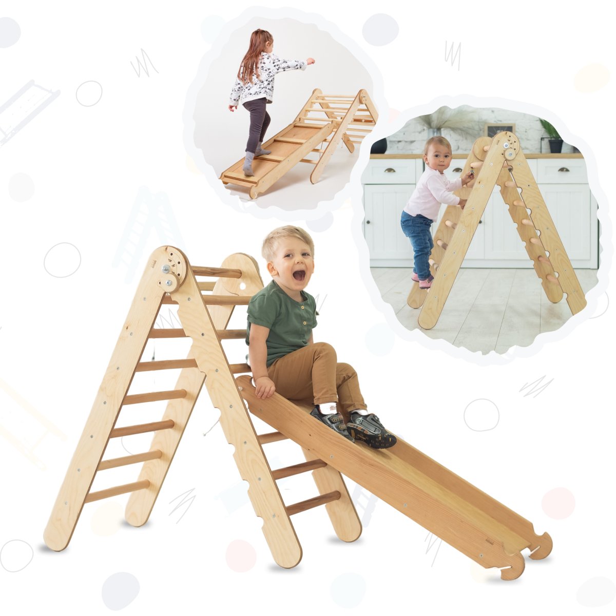 2in1 Montessori Climbing Set: Triangle Ladder + Slide Board/Ramp – Beige-12