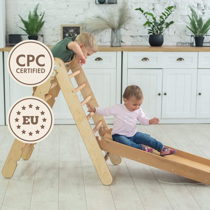 2in1 Montessori Climbing Set: Triangle Ladder + Slide Board/Ramp – Beige-6