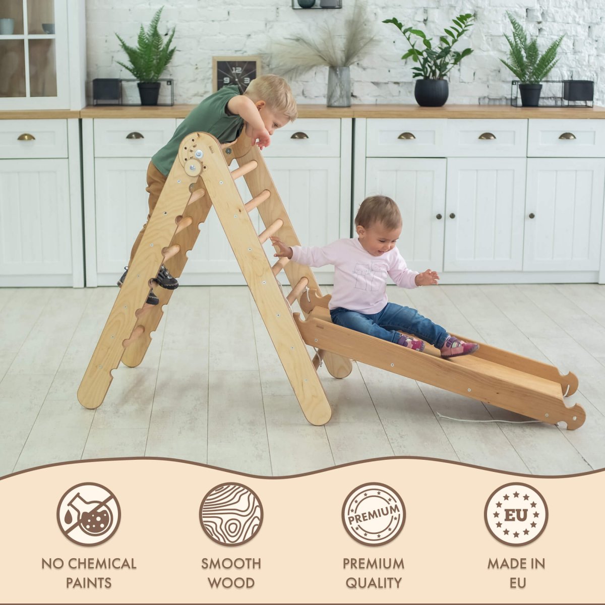 2in1 Montessori Climbing Set: Triangle Ladder + Slide Board/Ramp – Beige-7