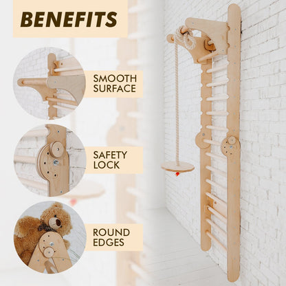 2in1 Wooden Swedish Wall / Climbing ladder for Children + Swing Set-4