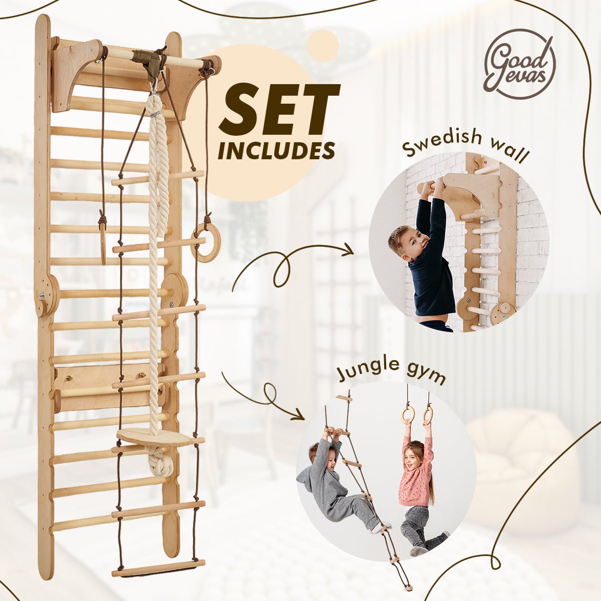 2in1 Wooden Swedish Wall / Climbing ladder for Children + Swing Set-1