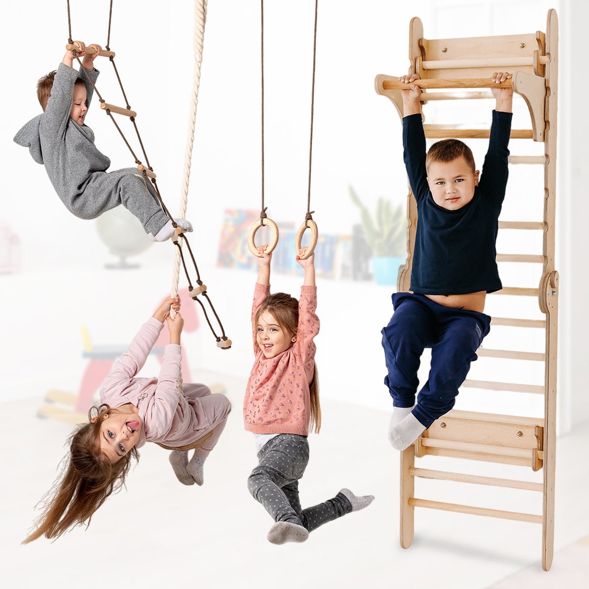 2in1 Wooden Swedish Wall / Climbing ladder for Children + Swing Set-8