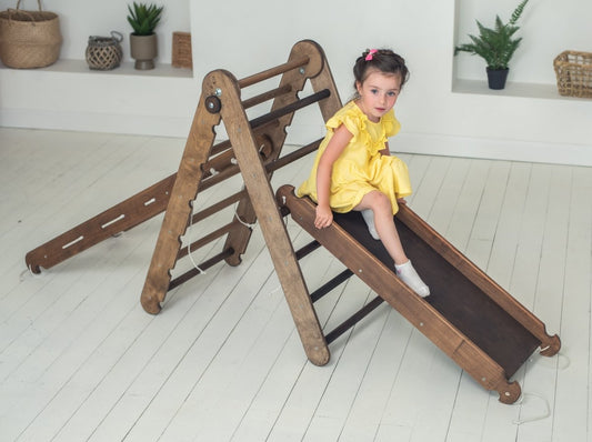 3in1 Montessori Climbing Frame Set: Triangle Ladder + Slide Board/Ramp + Net – Chocolate-0