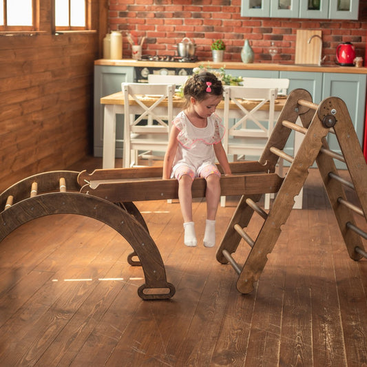 3in1 Montessori Climbing Set: Triangle Ladder + Arch/Rocker Balance + Slide Board – Chocolate-0