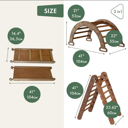 3in1 Montessori Climbing Set: Triangle Ladder + Arch/Rocker Balance + Slide Board – Chocolate-2