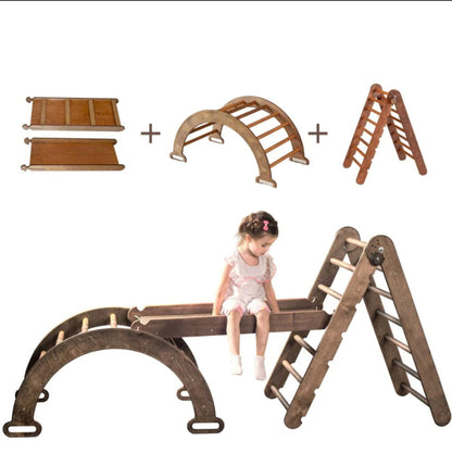 3in1 Montessori Climbing Set: Triangle Ladder + Arch/Rocker Balance + Slide Board – Chocolate-1