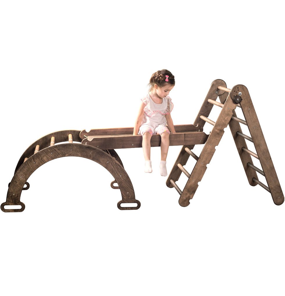 3in1 Montessori Climbing Set: Triangle Ladder + Arch/Rocker Balance + Slide Board – Chocolate-7