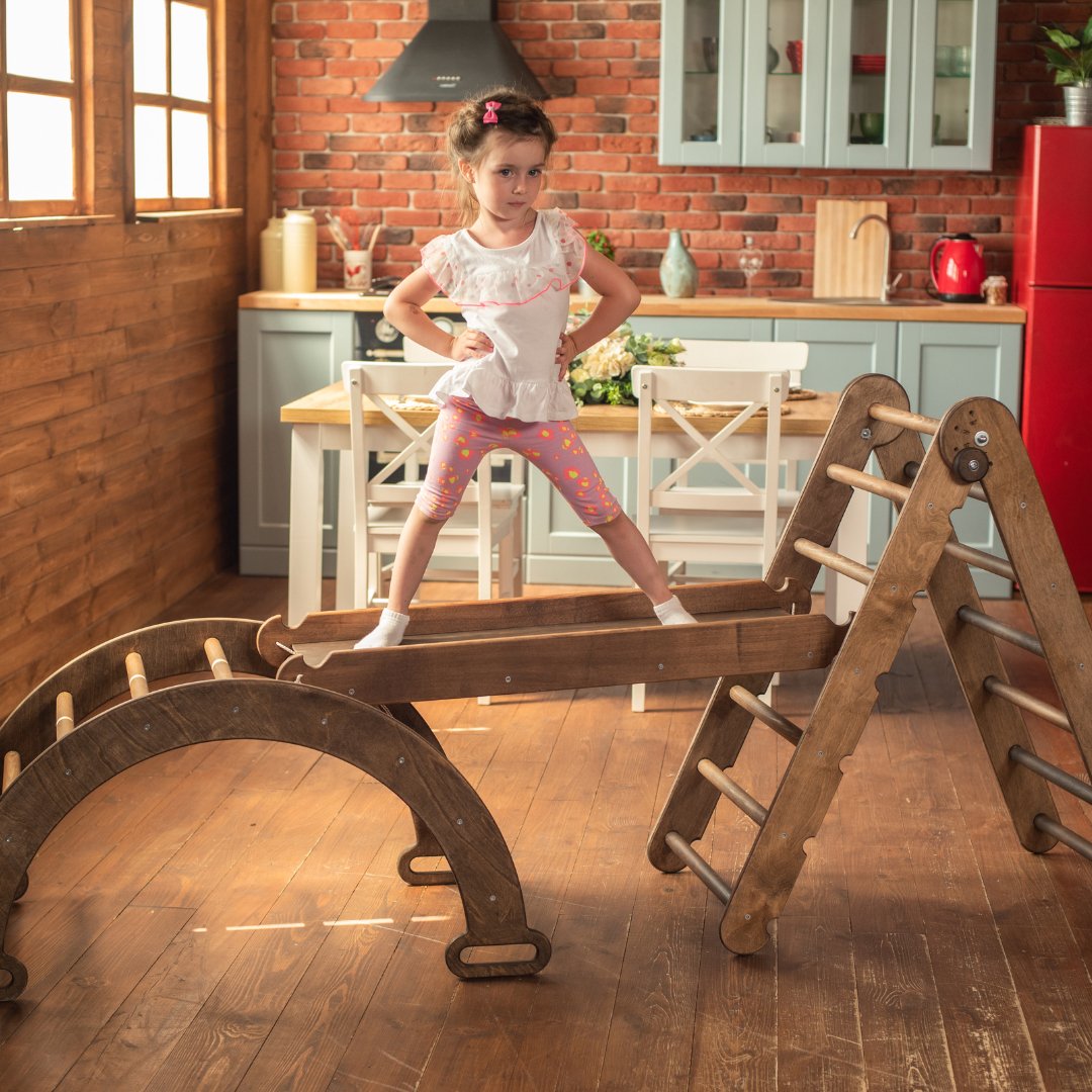 3in1 Montessori Climbing Set: Triangle Ladder + Arch/Rocker Balance + Slide Board – Chocolate-6