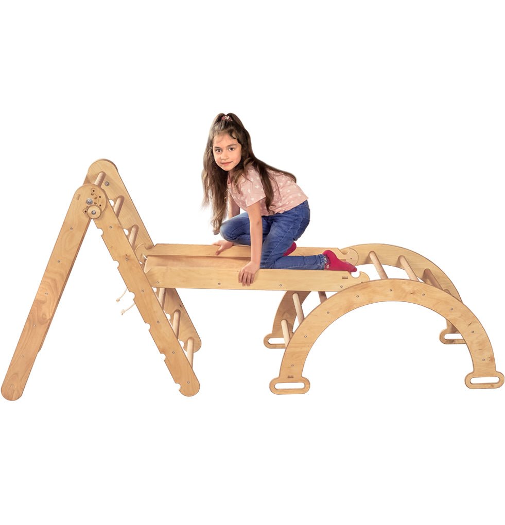 3in1 Montessori Climbing Set: Triangle Ladder + Wooden Arch + Slide Board – Beige-9