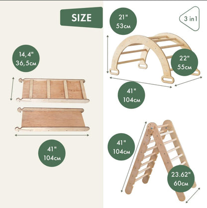 3in1 Montessori Climbing Set: Triangle Ladder + Wooden Arch + Slide Board – Beige-2