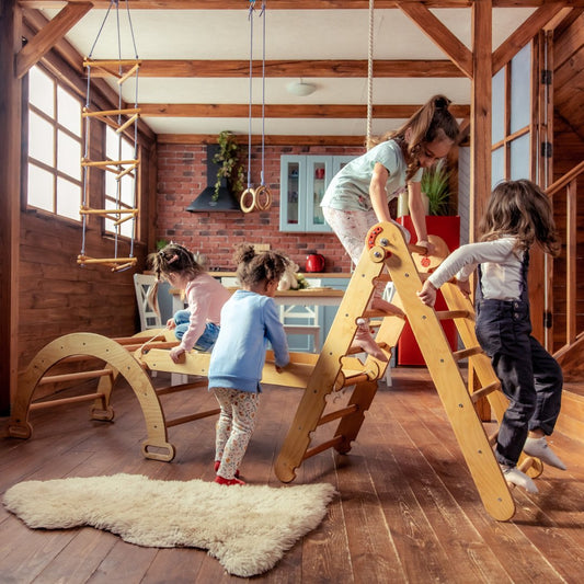 3in1 Montessori Climbing Set: Triangle Ladder + Wooden Arch + Slide Board – Beige-0