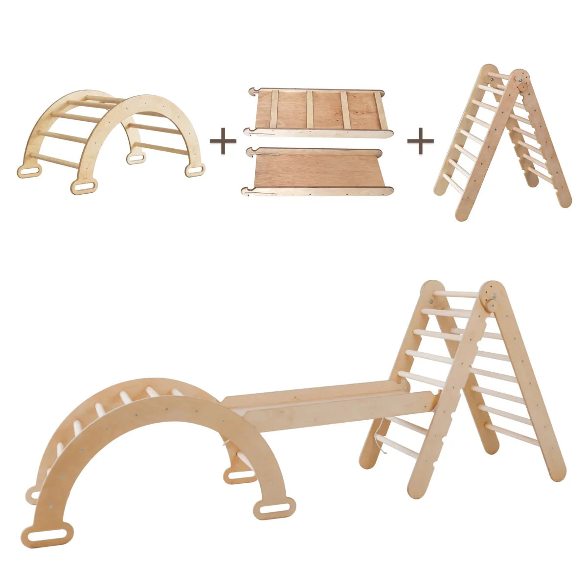 3in1 Montessori Climbing Set: Triangle Ladder + Wooden Arch + Slide Board – Beige-1