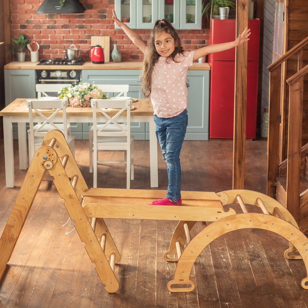 3in1 Montessori Climbing Set: Triangle Ladder + Wooden Arch + Slide Board – Beige-8