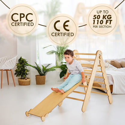 3in1 Montessori Climbing Set: Triangle Ladder + Wooden Arch + Slide Board – Beige NEW-3