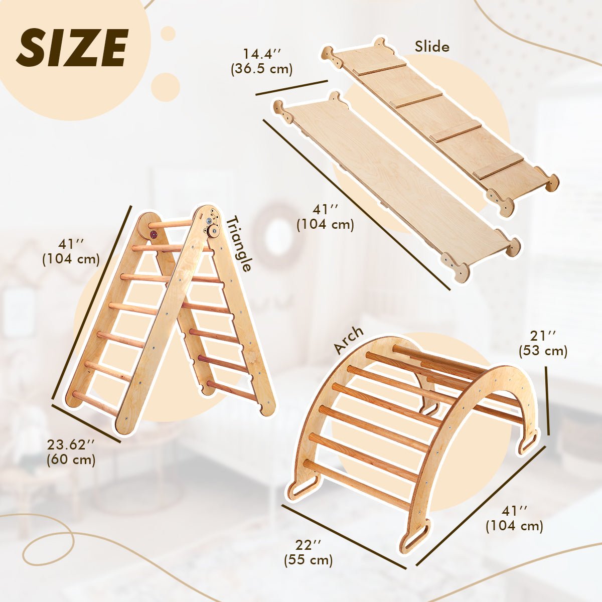 3in1 Montessori Climbing Set: Triangle Ladder + Wooden Arch + Slide Board – Beige NEW-6