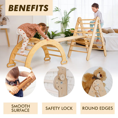 3in1 Montessori Climbing Set: Triangle Ladder + Wooden Arch + Slide Board – Beige NEW-4