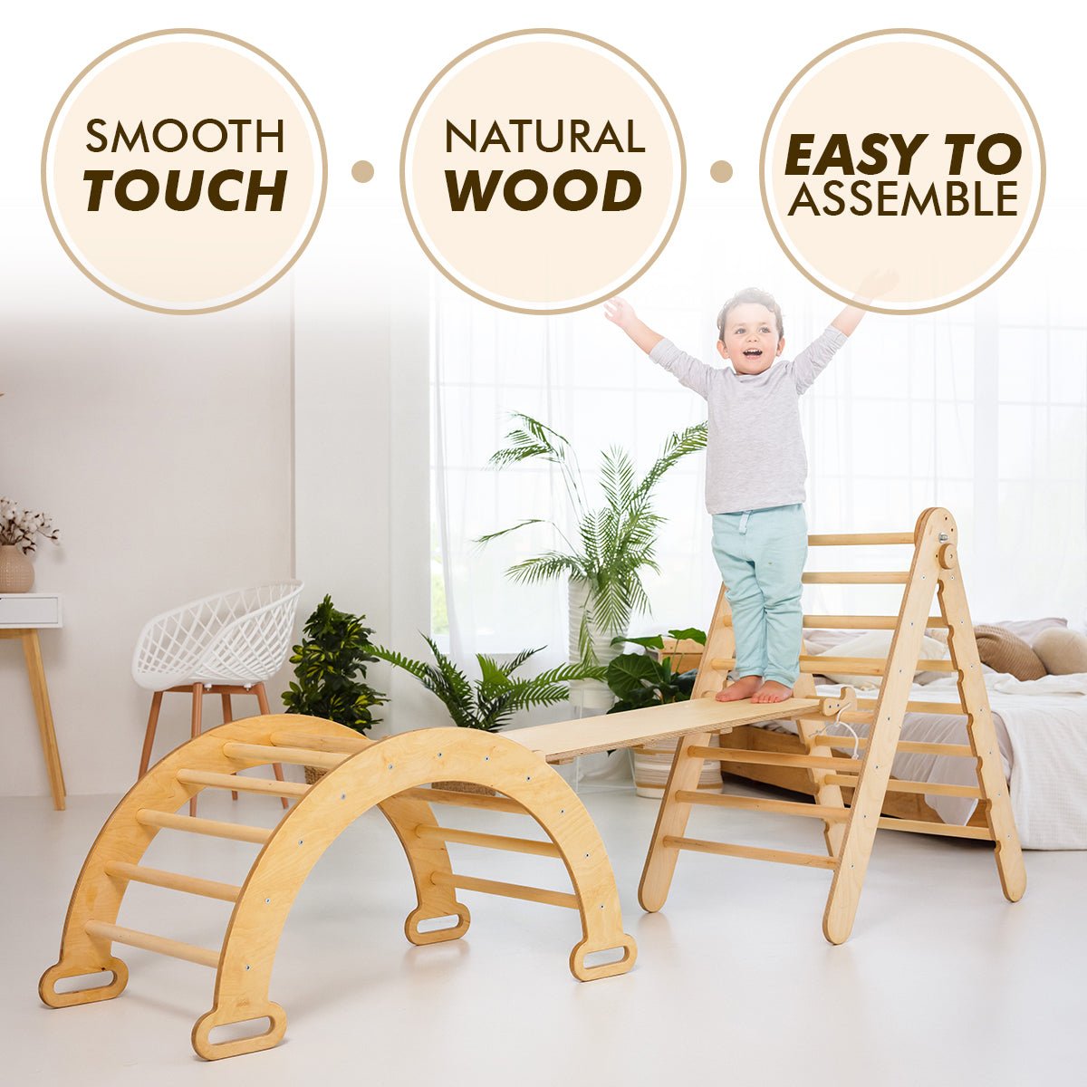 3in1 Montessori Climbing Set: Triangle Ladder + Wooden Arch + Slide Board – Beige NEW-7