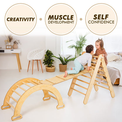 3in1 Montessori Climbing Set: Triangle Ladder + Wooden Arch + Slide Board – Beige NEW-8