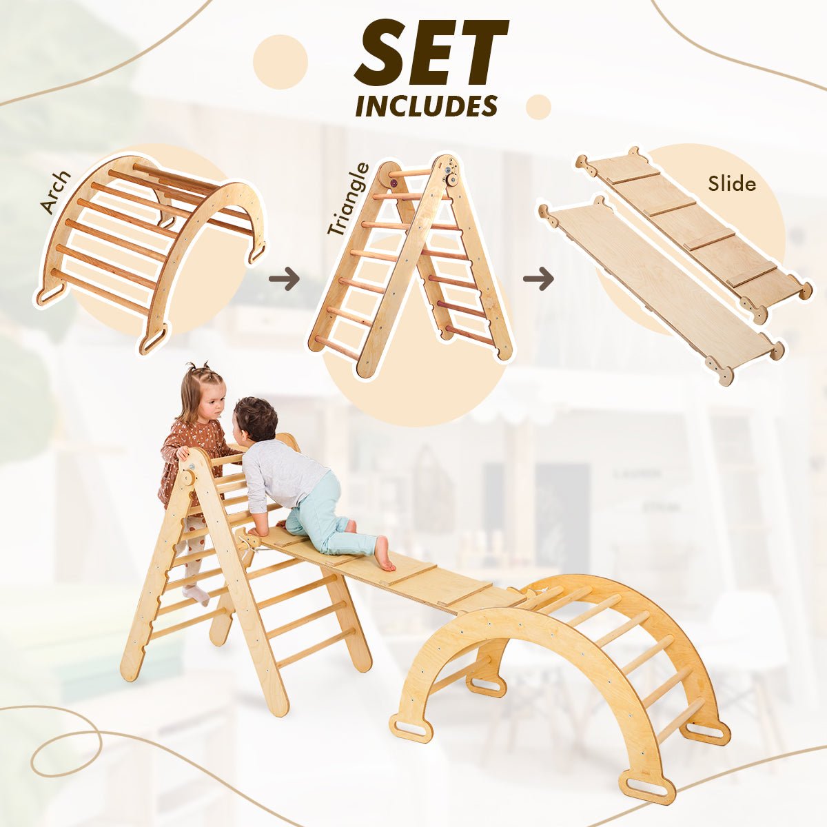 3in1 Montessori Climbing Set: Triangle Ladder + Wooden Arch + Slide Board – Beige NEW-1