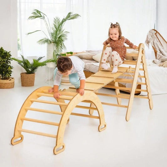 3in1 Montessori Climbing Set: Triangle Ladder + Wooden Arch + Slide Board – Beige NEW-0