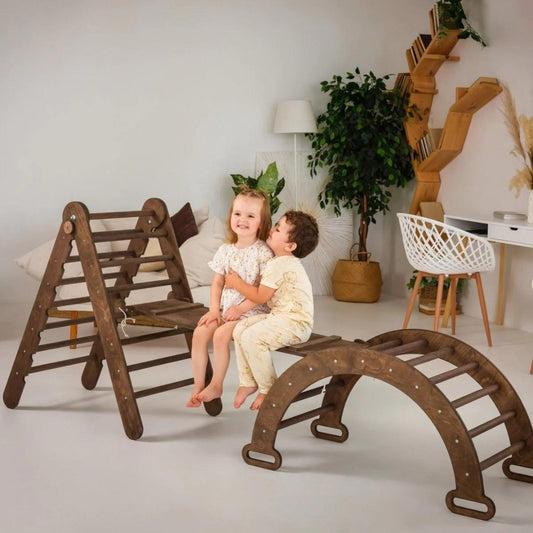 3in1 Montessori Climbing Set: Triangle Ladder + Wooden Arch + Slide Board – Chocolate NEW-0
