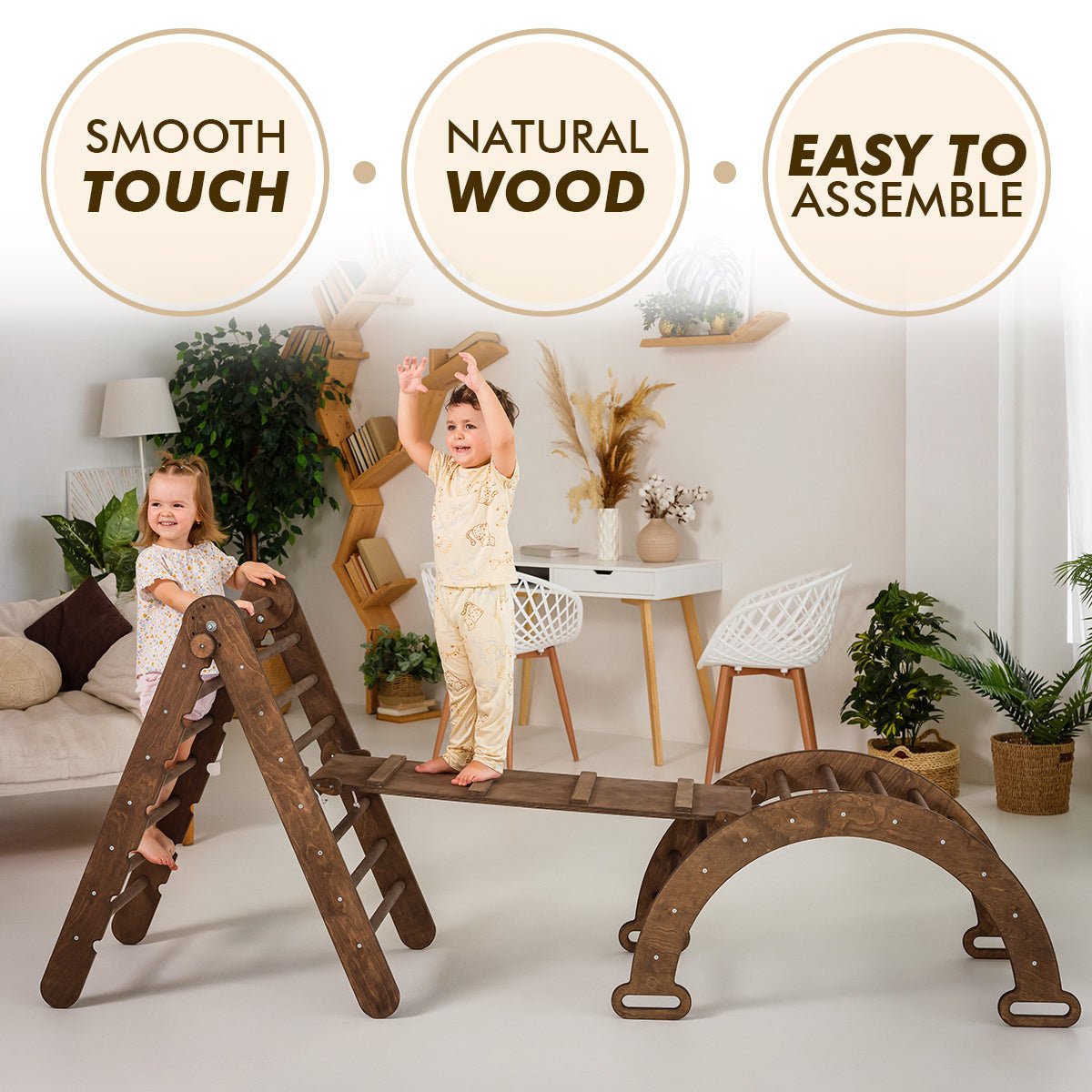 3in1 Montessori Climbing Set: Triangle Ladder + Wooden Arch + Slide Board – Chocolate NEW-5