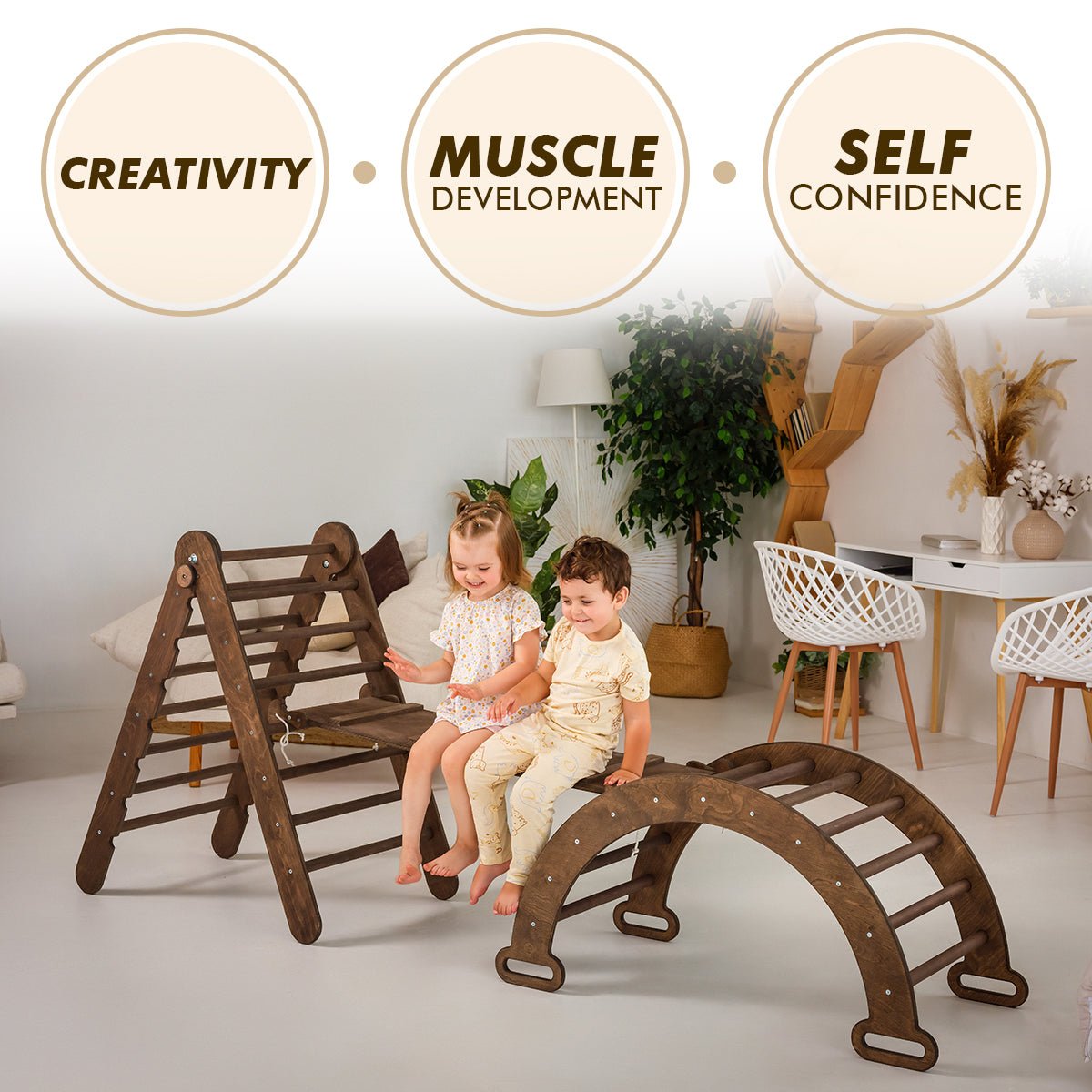 3in1 Montessori Climbing Set: Triangle Ladder + Wooden Arch + Slide Board – Chocolate NEW-8