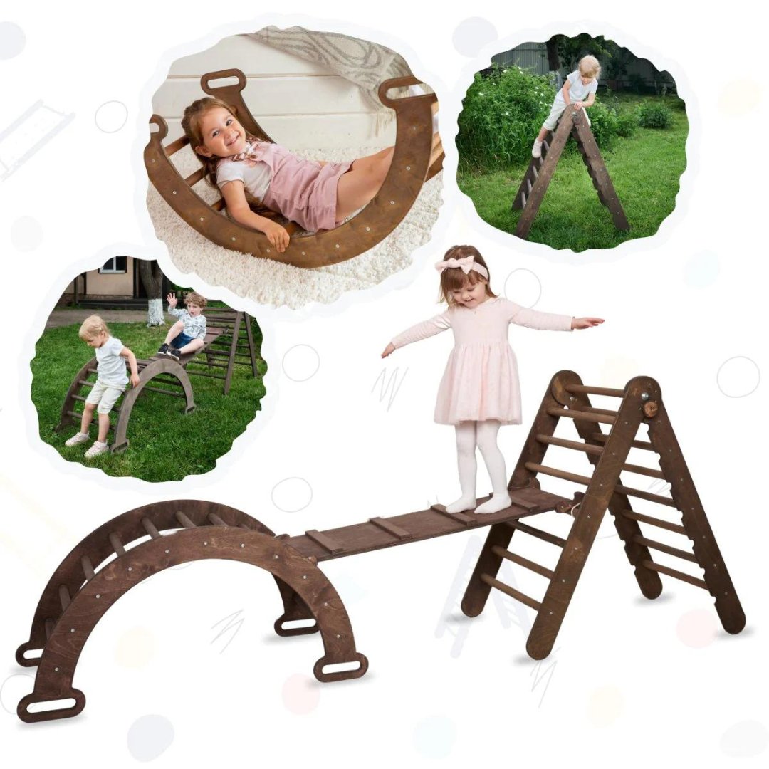 3in1 Montessori Climbing Set: Triangle Ladder + Wooden Arch + Slide Board – Chocolate NEW-9