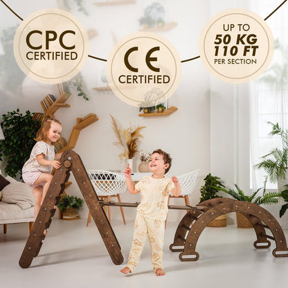 3in1 Montessori Climbing Set: Triangle Ladder + Wooden Arch + Slide Board – Chocolate NEW-7