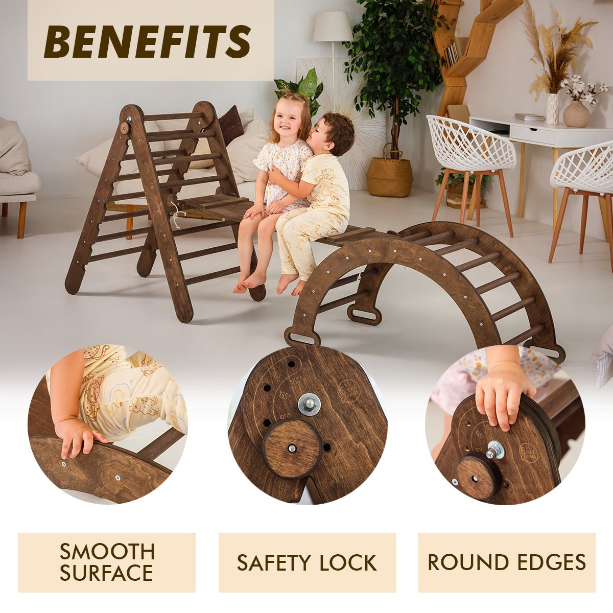 3in1 Montessori Climbing Set: Triangle Ladder + Wooden Arch + Slide Board – Chocolate NEW-6