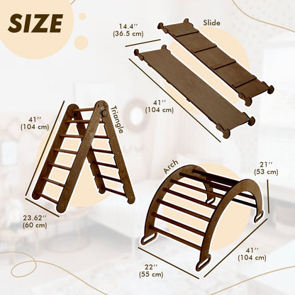 3in1 Montessori Climbing Set: Triangle Ladder + Wooden Arch + Slide Board – Chocolate NEW-3