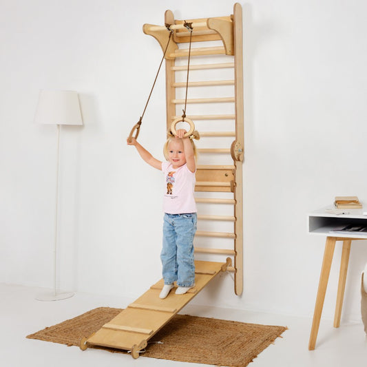 3in1 Wooden Swedish Wall / Climbing ladder for Children + Swing Set + Slide Board-0