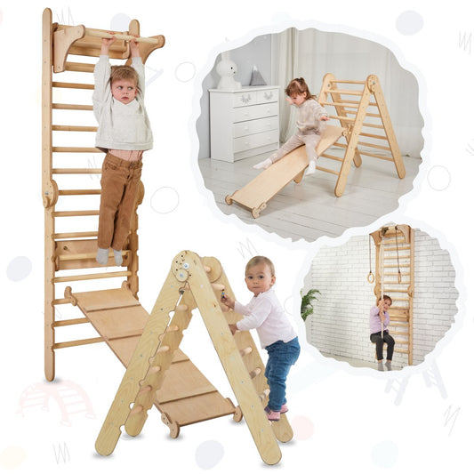 4in1 Climbing Set: Wooden Swedish Wall + Swing Set + Slide Board + Triangle Ladder-0