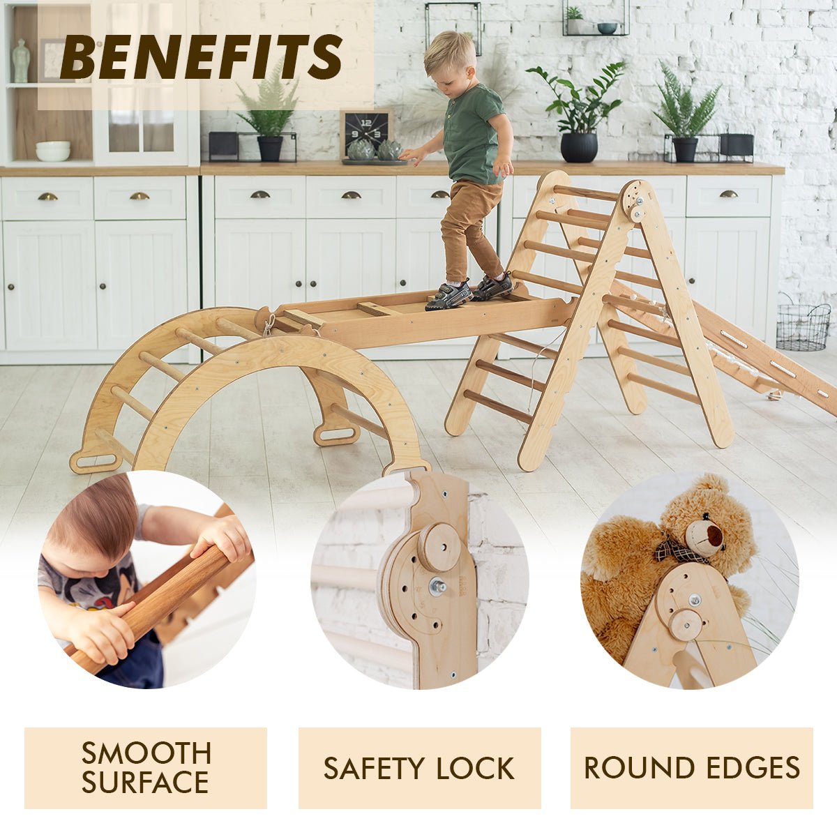 4in1 Montessori Climbing Frame Set: Triangle Ladder + Arch/Rocker + Slide Board/Ramp + Netting rope-6