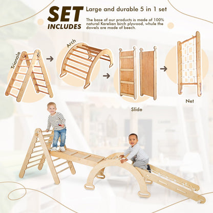 4in1 Montessori Climbing Frame Set: Triangle Ladder + Arch/Rocker + Slide Board/Ramp + Netting rope-1