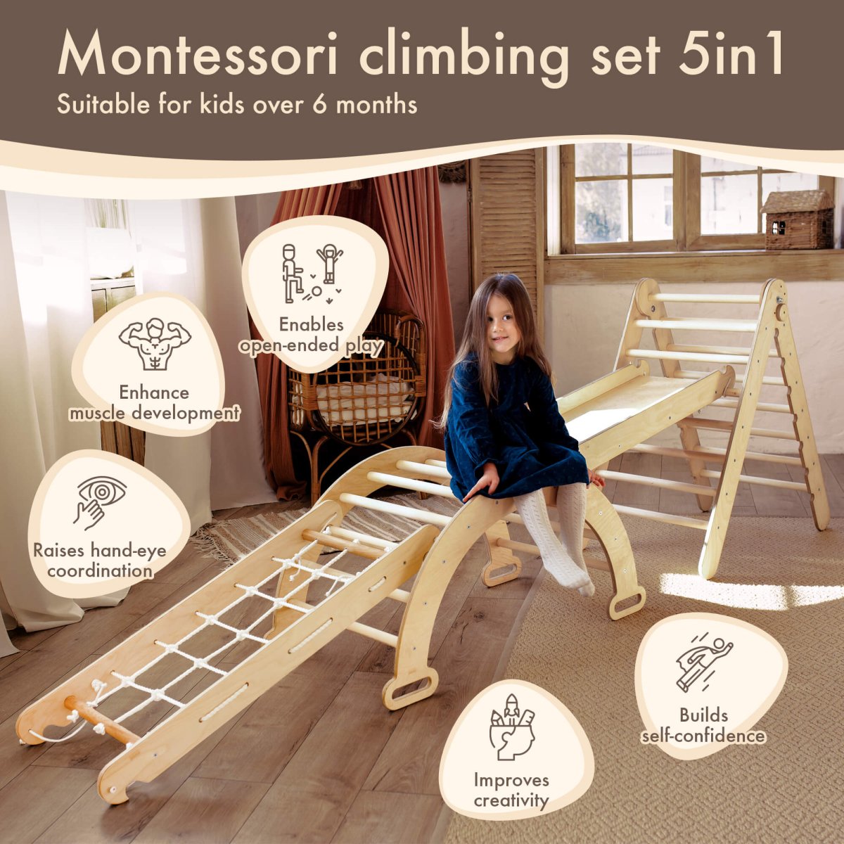 4in1 Montessori Climbing Set: Triangle Ladder + Arch/Rocker + Slide Board/Ramp + Climbing Net – Beige-6