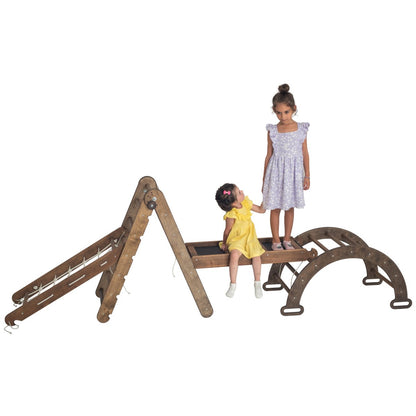 4in1 Montessori Climbing Set: Triangle Ladder + Arch/Rocker + Slide Board/Ramp + Climbing Net – Beige-9