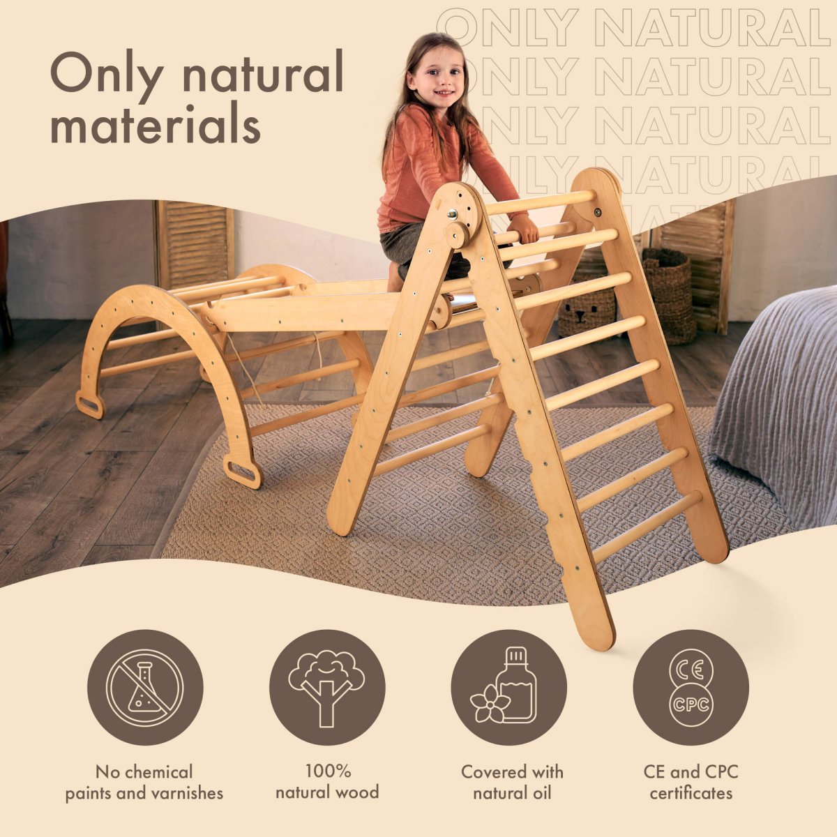 4in1 Montessori Climbing Set: Triangle Ladder + Arch/Rocker + Slide Board/Ramp + Climbing Net – Beige-7