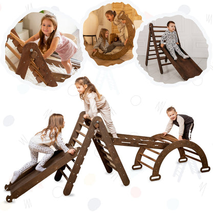 4in1 Montessori Climbing Set: Triangle Ladder + Arch/Rocker + Slide Board/Ramp + Net – Chocolate-10