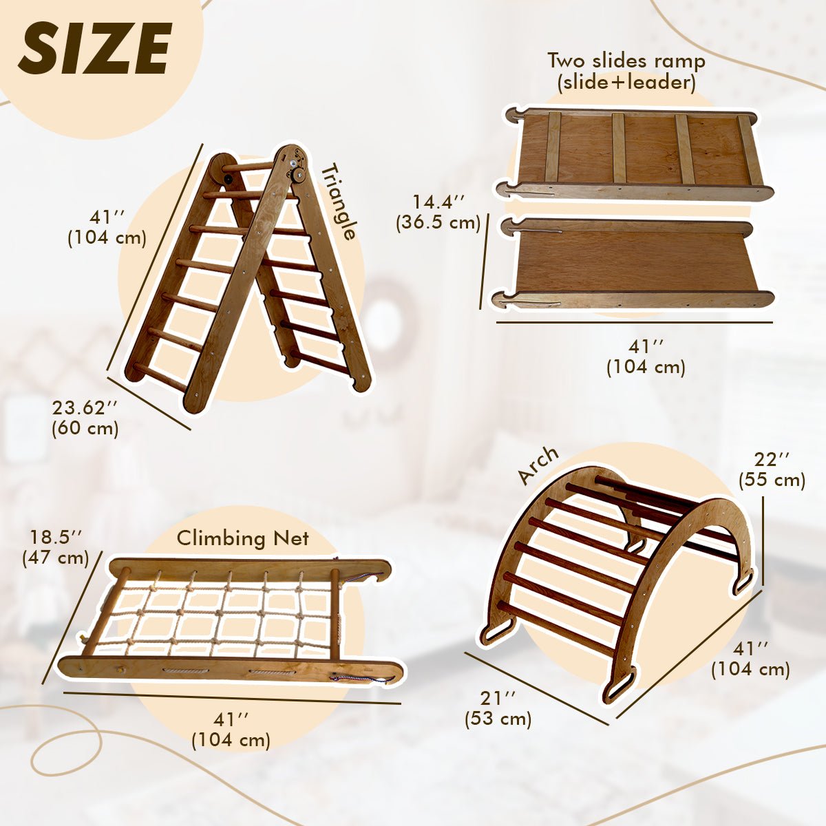 4in1 Montessori Climbing Set: Triangle Ladder + Arch/Rocker + Slide Board/Ramp + Net – Chocolate-4